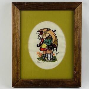 VTG Framed HUMMEL Stormy Weather Crewel Embroidered Art Children Rain Umbrella